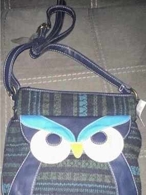 Womens Navy Blue Owl Crossbody Bag with Turquoise Accents